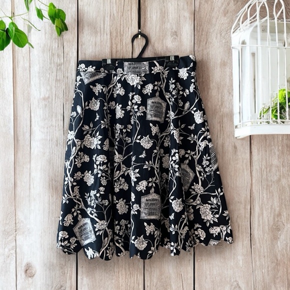 Talbots Black/Grey/White Bird Cages/Floral/Branches Print A-Line Skirt - Picture 1 of 14